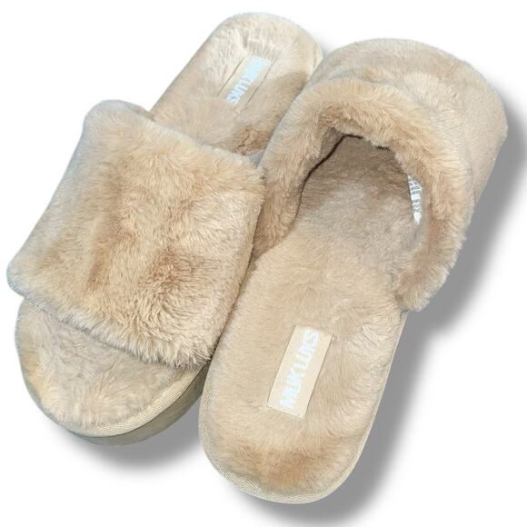 Muk Luks Platform Slippers Medium 7/8 Kirstey Comfy Slide Faux Fur Plush Lined - Picture 3 of 14